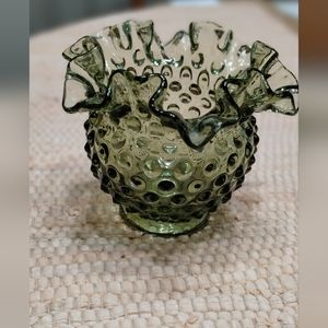 COPY - Vintage Fenton Green Ruffled Edge Hobnail Glass Vase
